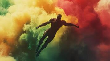 A man in a black suit flying through the air photo