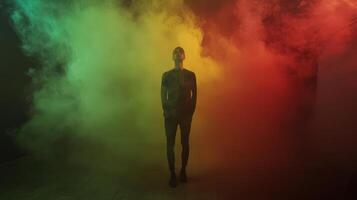 A man standing in a room with smoke coming out of his body photo