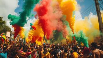 A crowd of people with colorful smoke photo