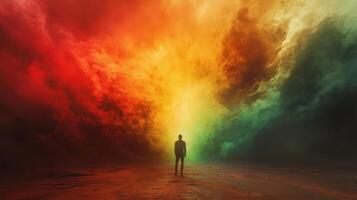 A man standing in front of a colorful cloud photo