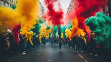 People walking down a street with colorful smoke photo