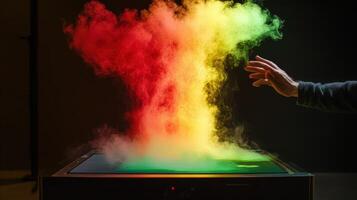 A person is touching a table with colored smoke photo