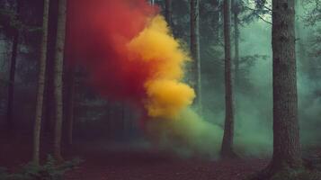 A colorful smoke cloud in the middle of a forest photo