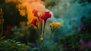 Colorful smoke is blowing over a flower photo