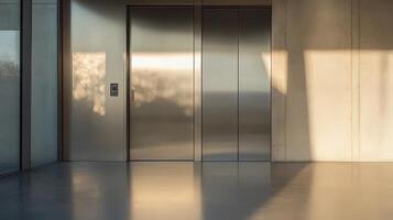 An elevator in a modern building with a large window photo