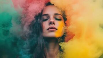 A woman with colorful smoke in her hair photo