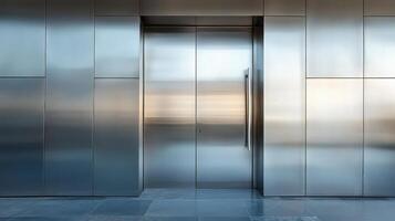 An elevator with a metal door and a glass wall photo