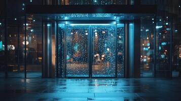 A glass door with rain drops on it at night photo