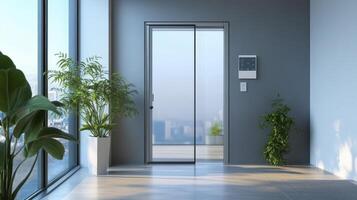 A room with a door and a plant in it photo