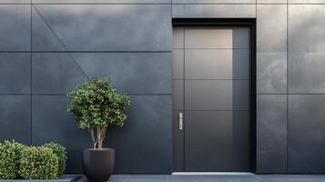 A modern black door and a potted plant photo