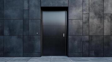 A black door is open in front of a wall photo