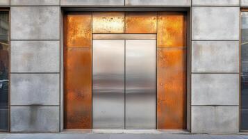 A metal door with a glass door on a building photo