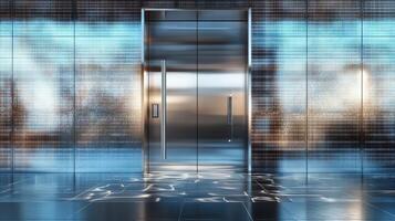An elevator in a modern building with a blue wall photo