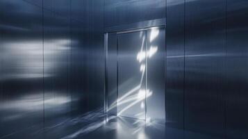 An elevator door is open in a dark room photo