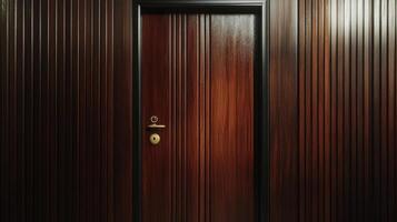 A wooden door with a black handle and a light photo