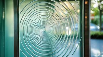 A glass door with a spiral design on it photo