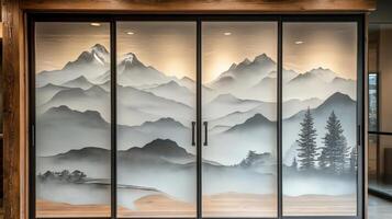 A glass door with a mountain scene on it photo