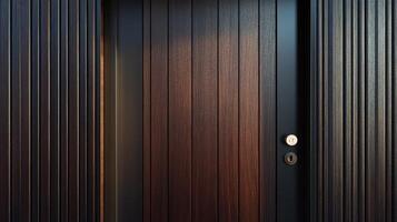 A wooden door with a black door and a light photo