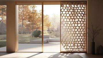 A large sliding glass door with a patterned design photo