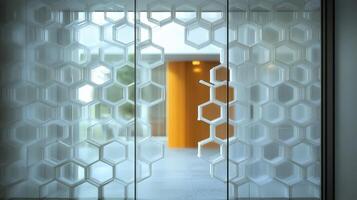 A glass door with hexagonal patterns on it photo