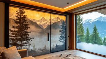 A bedroom with a sliding door that opens to a view of mountains photo