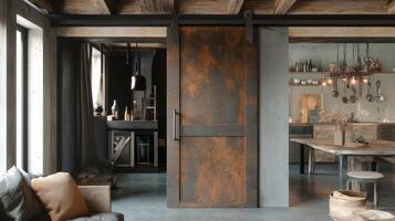 A rustic industrial style home with a large wooden door photo