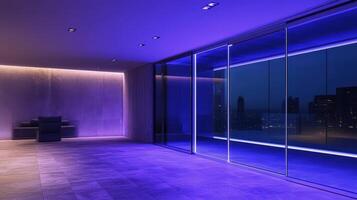A modern room with purple lighting and glass walls photo