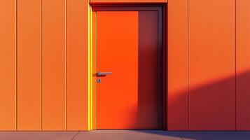 A bright orange door is shown in front of a wall photo