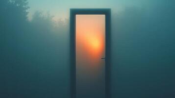 A door is open in the fog with the sun shining through photo