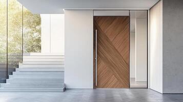 A modern home with a wooden door and stairs photo
