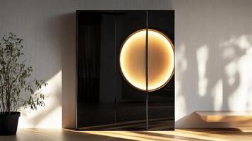 A black cabinet with a circular light on it photo