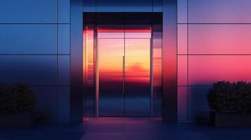 An open door to a building with a sunset in the background photo