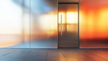 A door with a glass wall and a light in the background photo
