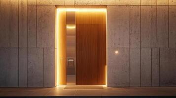 A modern wooden door with lights on it photo