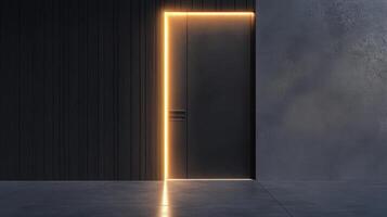 A black door with a light shining through it photo