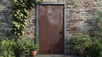 A door is open on a brick wall with plants photo