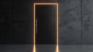 A black door with a neon light on it photo