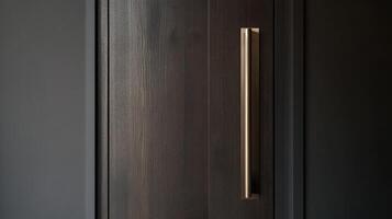 A wooden door with a brass handle photo