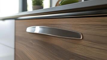A close up of a kitchen drawer with a handle photo
