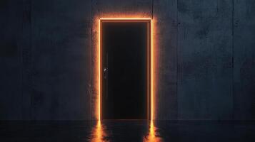 An open door with neon lights in the dark photo