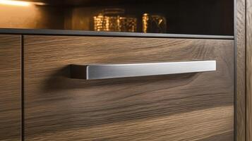 A close up of a wooden cabinet with a stainless steel handle photo