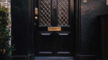 A black door with a gold plate on it photo