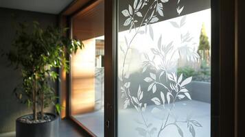 A glass door with a leaf design on it photo