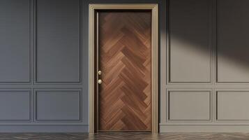 A wooden door in a room with a herringbone pattern photo