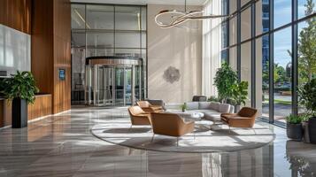 The lobby of a modern office building with large windows photo