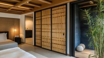 A bedroom with a bed and a sliding door photo