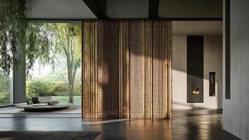 A modern room with a wooden door and a fireplace photo