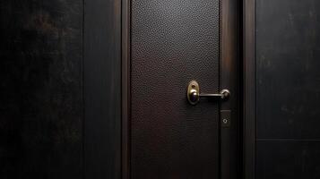 A dark wooden door with a brass handle photo