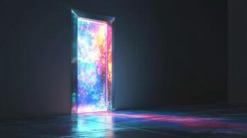 A door with a rainbow light coming out of it photo