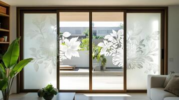 A glass door with flowers on it photo